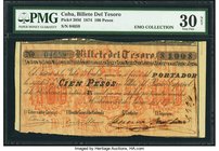 Cuba Billete Del Tesoro 100 Pesos 30.6.1874 Pick 38M PMG Very Fine 30 Net. A scarce 100 pesos note from the 1874 issue. There are only two examples in...