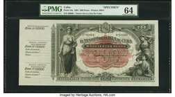 Cuba El Tesoro De La Isla De Cuba 200 Pesos 1891 Pick 44s Specimen PMG Choice Uncirculated 64. A rare 200 pesos Specimen from the 1891 Treasury Note I...