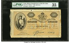 Cuba Banco Espanol De La Isla De Cuba 500 Pesos 15.5.1896 Pick 51A PMG Choice Very Fine 35. An attractive large format orange on black and blue underp...