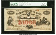 Cuba Republica de Cuba 1000 Pesos 6.9.1869 Pick 60 PMG About Uncirculated 55 EPQ. The highest denomination of the 1868 Revolution series, invariably i...
