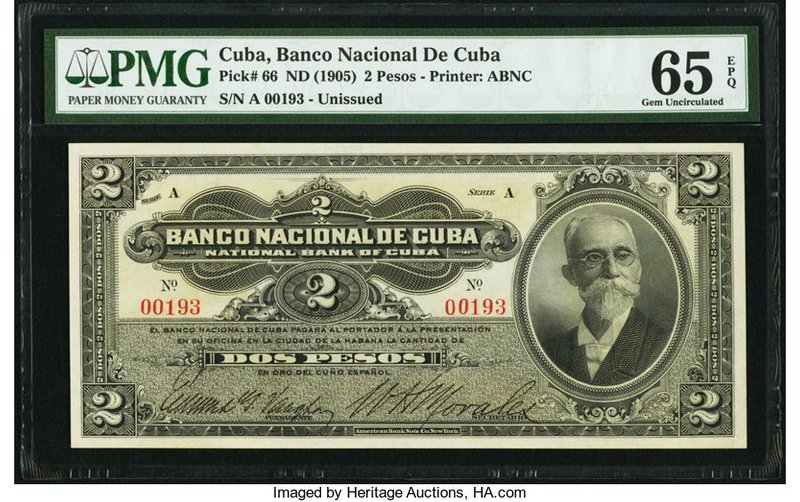 Cuba Banco Nacional de Cuba 2 Pesos ND (1905) Pick 66 PMG Gem Uncirculated 65 EP...