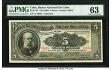 Cuba Banco Nacional de Cuba 5 Pesos ND (1905) Pick 67 PMG Choice Uncirculated 63. A prized denomination from the famed 1905 series that was almost imm...