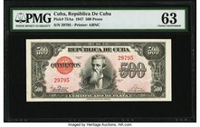 Cuba Republica de Cuba 500 Pesos 1947 Pick 75Aa PMG Choice Uncirculated 63. An extremely rare issued note with only two graded in the PMG Population R...