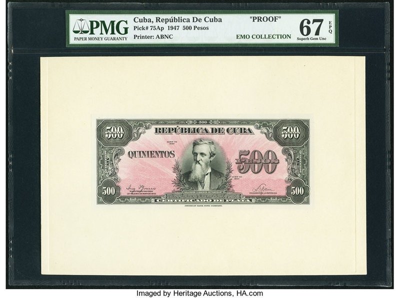 Cuba Republica de Cuba 500 Pesos 1947 Pick 75Ap Face Proof PMG Superb Gem Unc 67...