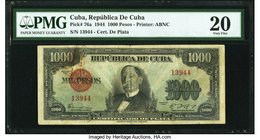 Cuba Republica de Cuba 1000 Pesos 1944 Pick 76a PMG Very Fine 20. Highly desired in issued form, the first date of issue of 1944 is seen on this highe...