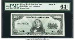 Cuba Republica de Cuba 1000 Pesos 1947 Pick 76Asp Proof PMG Choice Uncirculated 64 Net. The 1947 date must be noted on this silver certificate example...