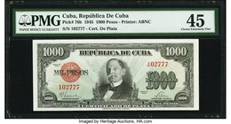 Cuba Republica de Cuba 1000 Pesos 1945 Pick 76b PMG Choice Extremely Fine 45. The highest denomination of the Silver Certificate issue. All colors are...