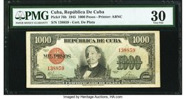 Cuba Republica de Cuba 1000 Pesos 1945 Pick 76b PMG Very Fine 30. A well preserved 1945 dated 1000 pesos from the silver certificate series. These not...