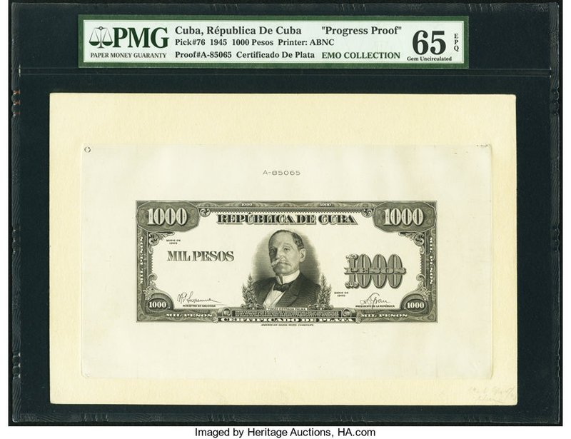 Cuba Republica de Cuba 1000 Pesos 1945 Pick 76p Front Progress Proof PMG Gem Unc...