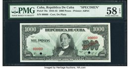 Cuba Republica de Cuba 1000 Pesos 1944-45 Pick 76s Specimen PMG Choice About Unc 58 EPQ. A great Cuban rarity from the Certificado de Plata issue. The...