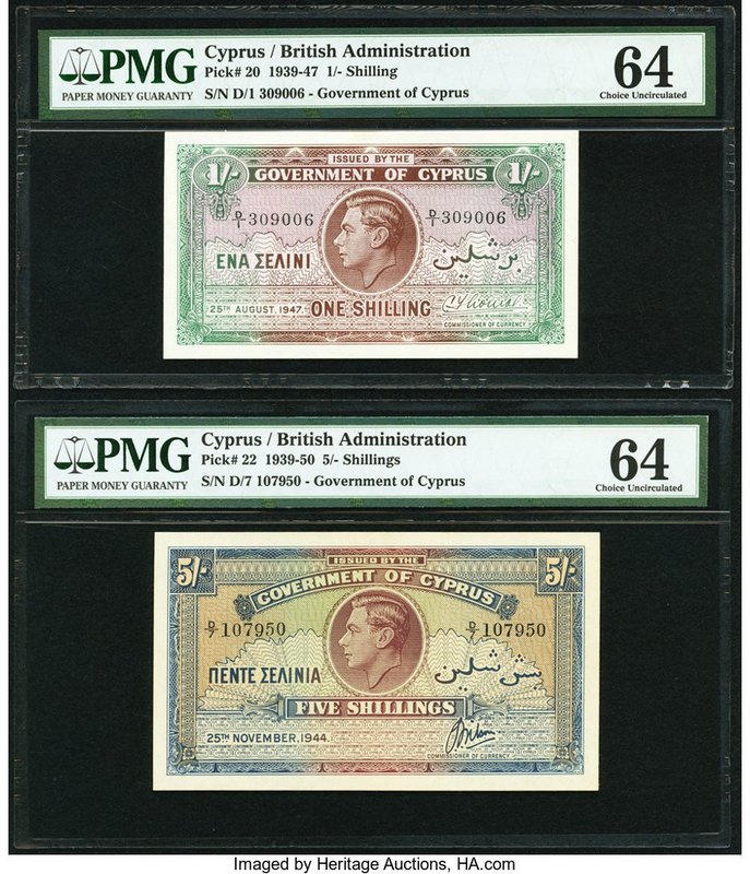 Cyprus Government of Cyprus 1; 5 Shillings 25.8.1947; 25.11.1944 Pick 20; 22 Two...