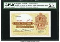 Cyprus Government of Cyprus 1 Pound 6.10.1947 Pick 24 PMG About Uncirculated 55. Wonderful colors remain on this wartime issue printed by TDLR. This l...