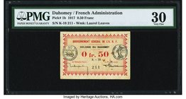 Dahomey Gouvernment General de l'Afrique Occidentale Francaise 0.50 Franc 11.2.1917 Pick 1b PMG Very Fine 30. A scarce, small sized French colonial is...
