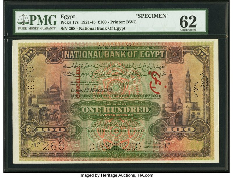 Egypt National Bank of Egypt 100 Pounds 1.3.1921 Pick 17s Specimen PMG Uncircula...