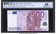 European Union European Central Bank, Austria 500 Euro 2002 Pick 19An PCGS Gold Shield Grading Superb Gem Unc 68 OPQ. A handsome, highest denomination...