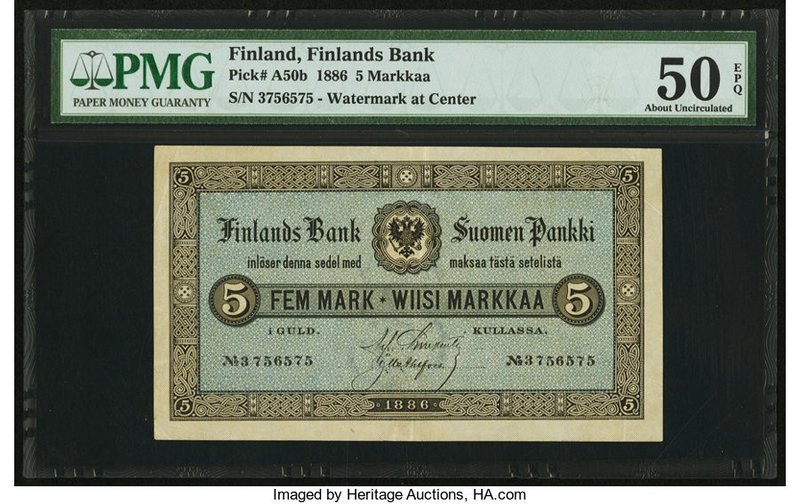 Finland Finlands Bank 5 Markkaa 1886 Pick A50b PMG About Uncirculated 50 EPQ. An...