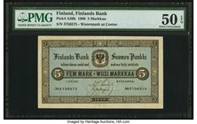 Finland Finlands Bank 5 Markkaa 1886 Pick A50b PMG About Uncirculated 50 EPQ. An amazingly choice example, which at the time of cataloging, is the sec...