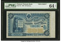 Finland Finlands Bank 50 Markkaa 1898 Pick 6s Uniface Specimen PMG Choice Uncirculated 64 Net. A rare and delightful Specimen, underrated and seldom o...
