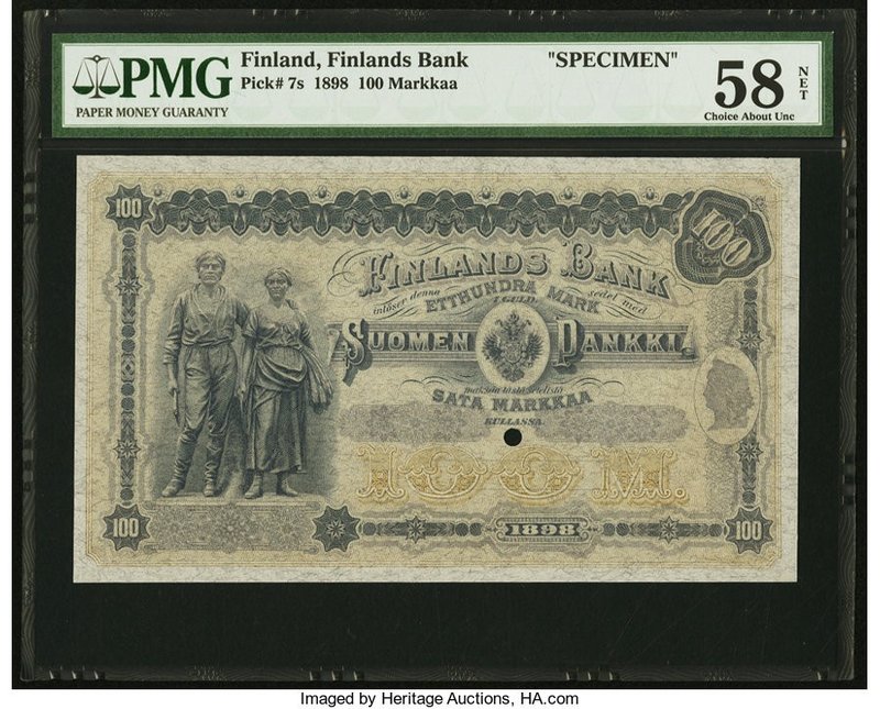 Finland Finlands Bank 100 Markkaa 1898 Pick 7s Uniface Specimen PMG Choice About...