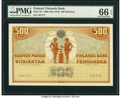 Finland Finlands Bank 500 Markkaa 1909 (ND 1918) Pick 23 PMG Gem Uncirculated 66 EPQ. This beautiful, large format note is the highest denomination of...