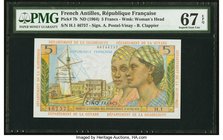 French Antilles Institut d'Emission des Departements d'Outre-Mer 5 Francs ND (1964) Pick 7b PMG Superb Gem Unc 67 EPQ. A watermark of a woman's head i...