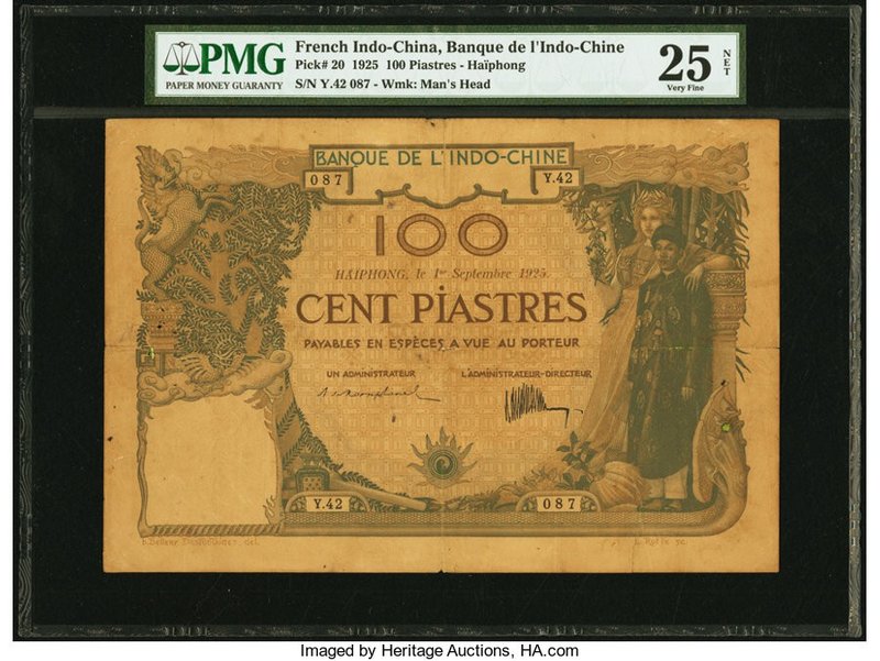 French Indochina Banque de l'Indo-Chine, Haiphong 100 Piastres 1.9.1925 Pick 20 ...