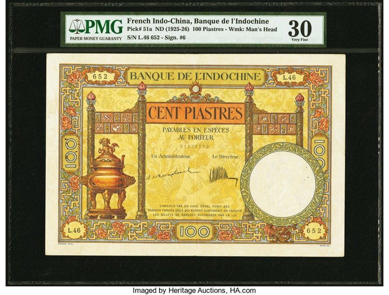 French Indochina Banque de l'Indo-Chine 100 Piastres ND (1925-26) Pick 51a PMG V...