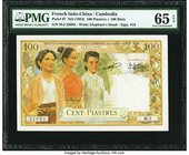 French Indochina Institut d'Emission des Etats du Cambodge, du Laos et du Viet-Nam 100 Piastres ND (1954) Pick 97 PMG Gem Uncirculated 65 EPQ. A beaut...