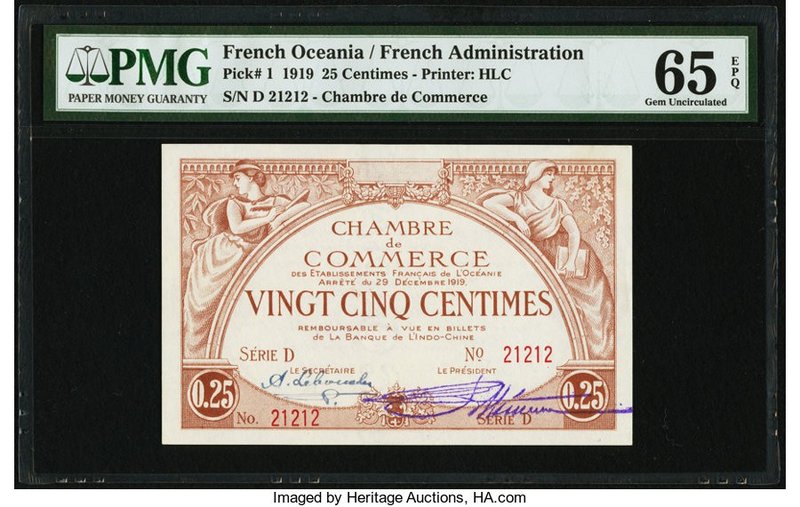 French Oceania Chambre de Commerce 25 Centimes 29.12.1919 Pick 1 PMG Gem Uncircu...