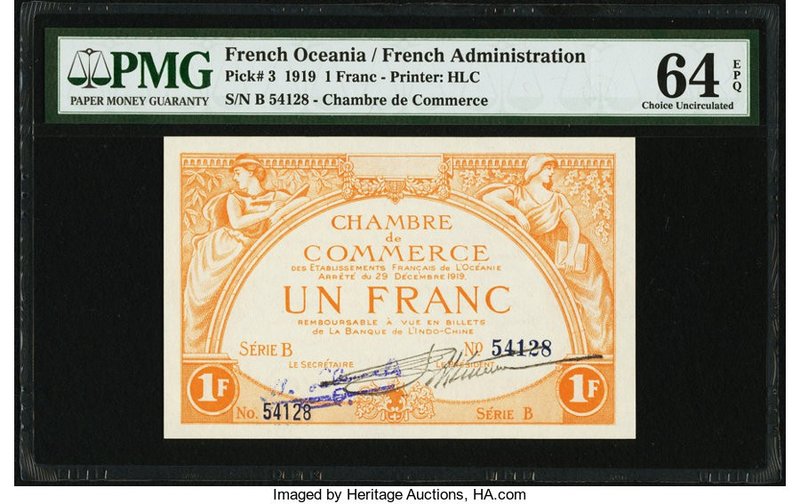 French Oceania Chambre de Commerce 1 Franc 29.12.1919 Pick 3 PMG Choice Uncircul...