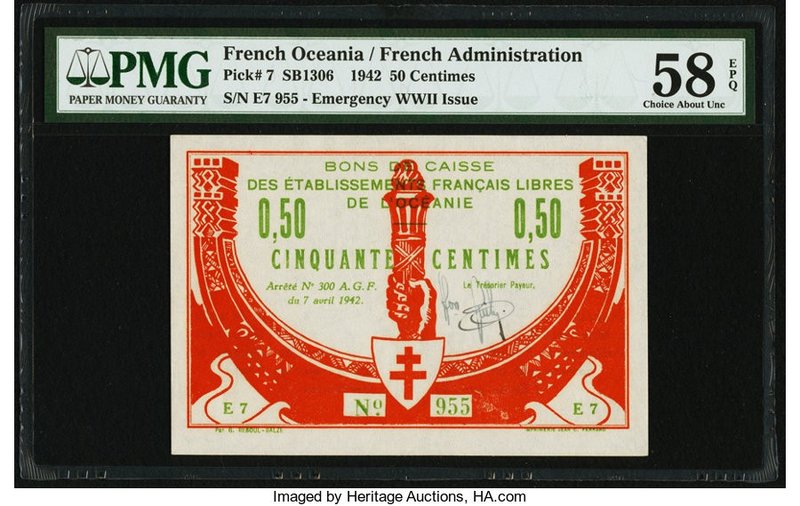 French Oceania Bons de Caisse des Establissements Francais 50 Centimes 7.4.1942 ...