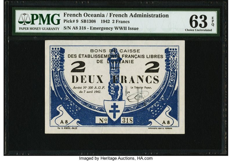 French Oceania Bons de Caisse des Establissements Francais 2 Francs 7.4.1942 Pic...