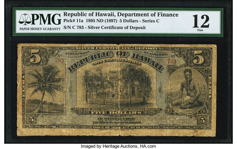 Hawaii Republic of Hawaii 5 Dollars 1895 (ND. 1897) Pick 11a PMG Fine 12. As int...