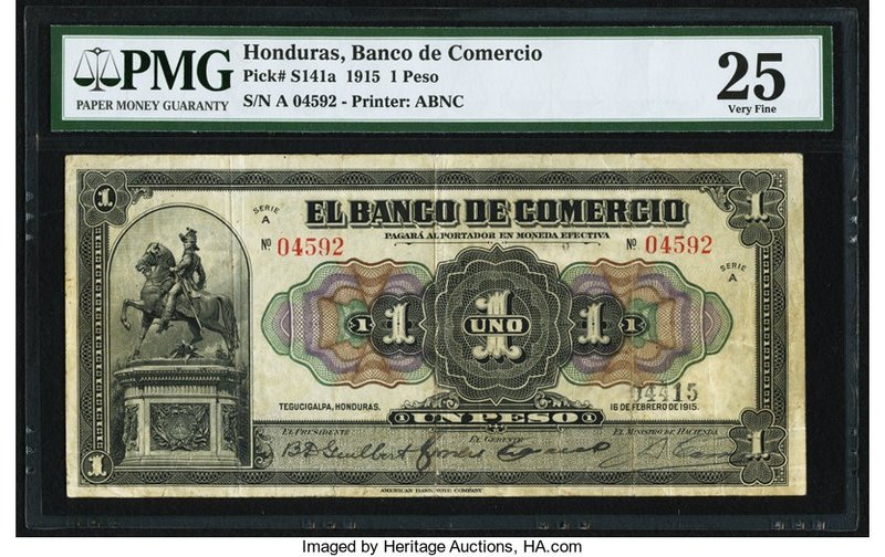 Honduras Banco de Comercio 1 Peso 16.2.1915 Pick S141a PMG Very Fine 25. This ha...