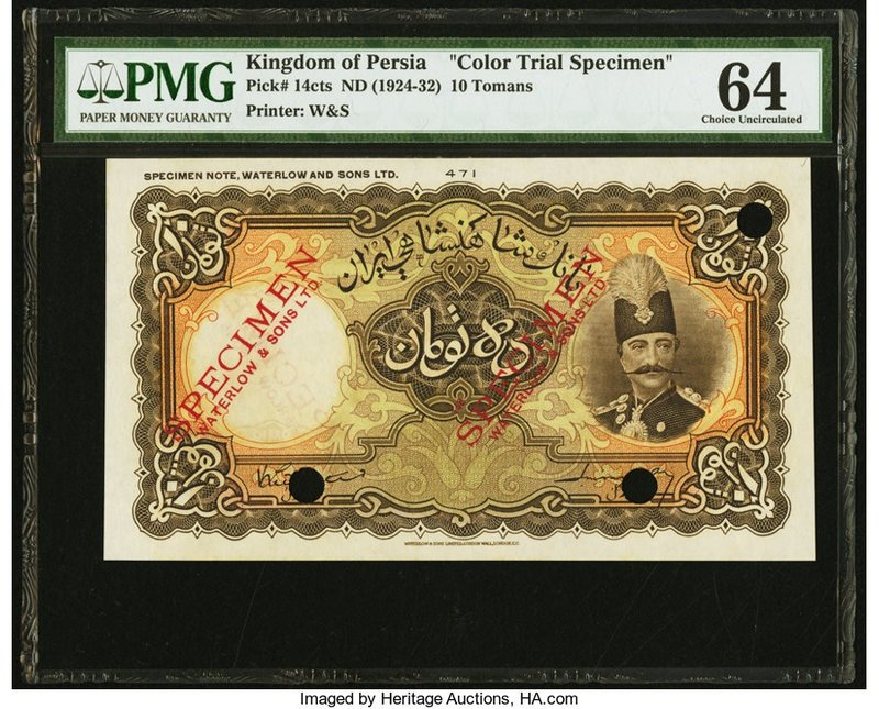 Iran Imperial Bank of Persia 10 Tomans ND (1924-32) Pick 14cts Color Trial Speci...