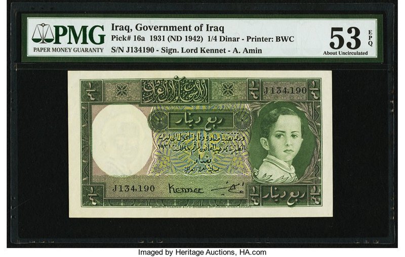 Iraq Government of Iraq 1/4 Dinar L. 1931 (1942) Pick 16a PMG About Uncirculated...