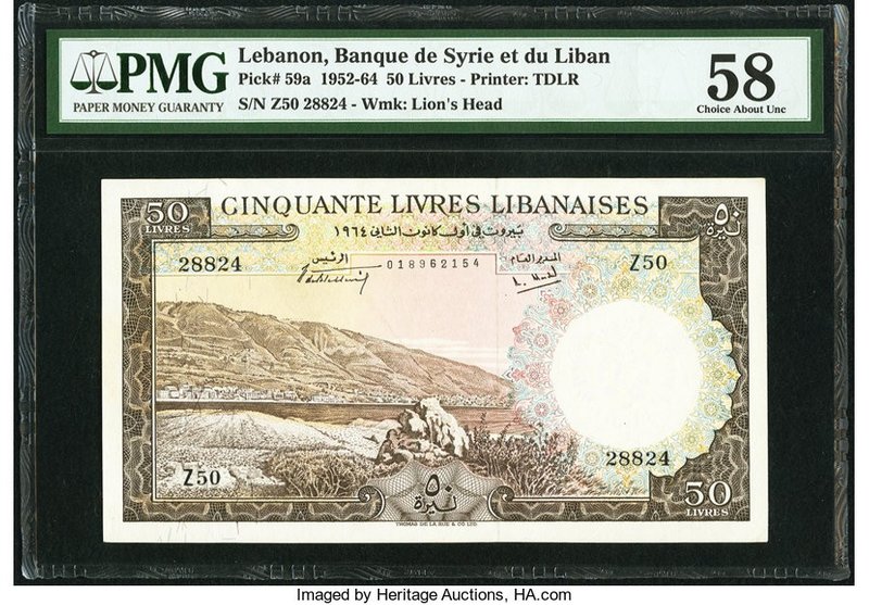 Lebanon Banque de Syrie et du Liban 50 Livres 1964 Pick 59a PMG Choice About Unc...