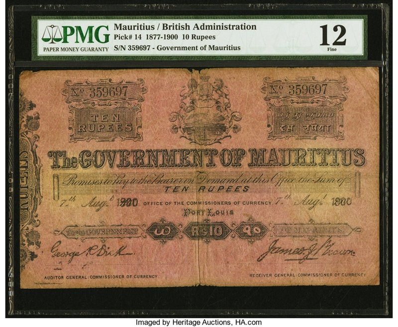 Mauritius Government of Mauritius 10 Rupees 7.8.1900 Pick 14 PMG Fine 12. This m...