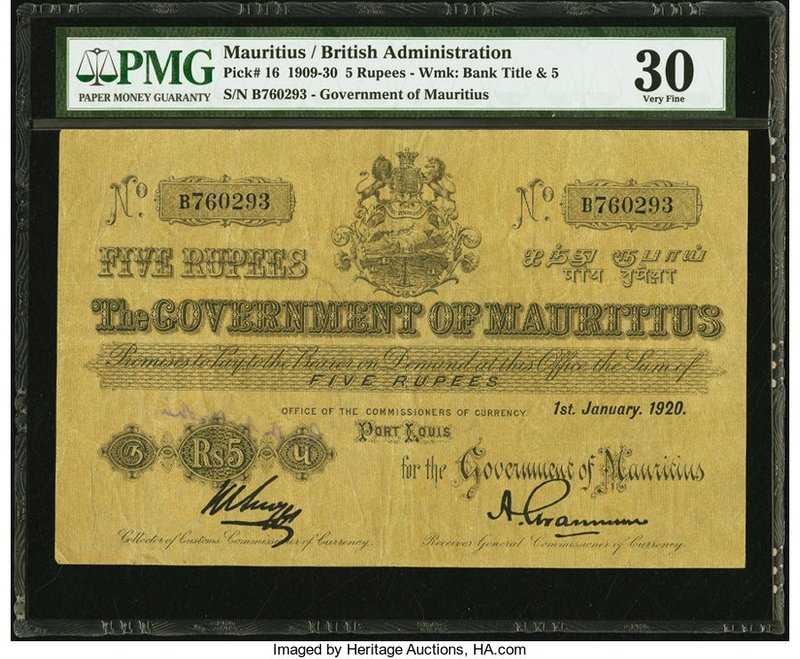 Mauritius Government of Mauritius 5 Rupees 1.1.1920 Pick 16 PMG Very Fine 30. Cr...