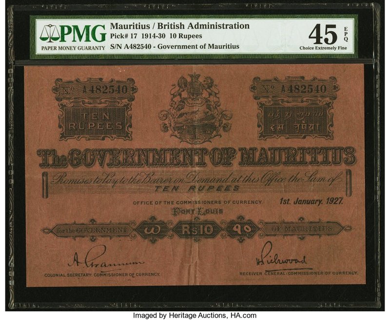 Mauritius Government of Mauritius 10 Rupees 1.1.1927 Pick 17 PMG Choice Extremel...