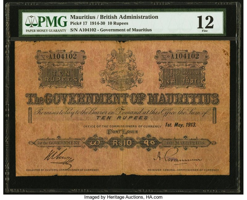 Mauritius Government of Mauritius 10 Rupees 1.5.1913 Pick 17 PMG Fine 12. A plea...