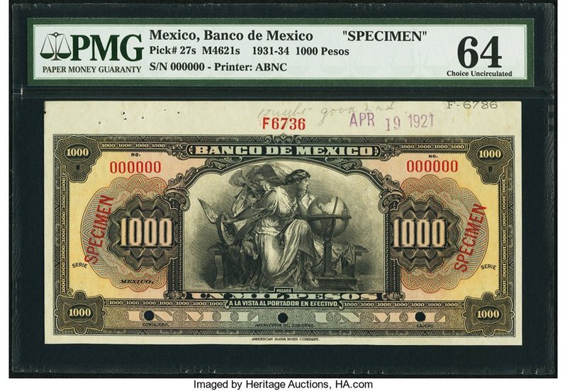 Mexico Banco de Mexico 1000 Pesos 1931-34 Pick 27s Specimen PMG Choice Uncircula...