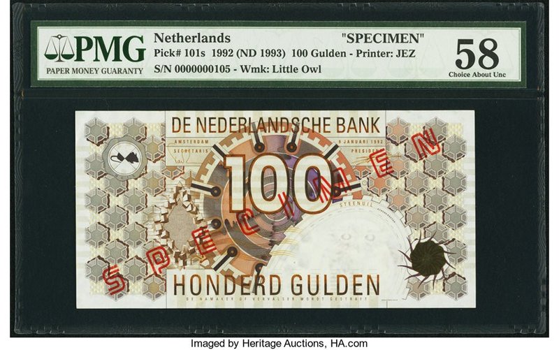 Netherlands Nederlandsche Bank 100 Gulden 9.1.1992 Pick 101s Specimen PMG Choice...