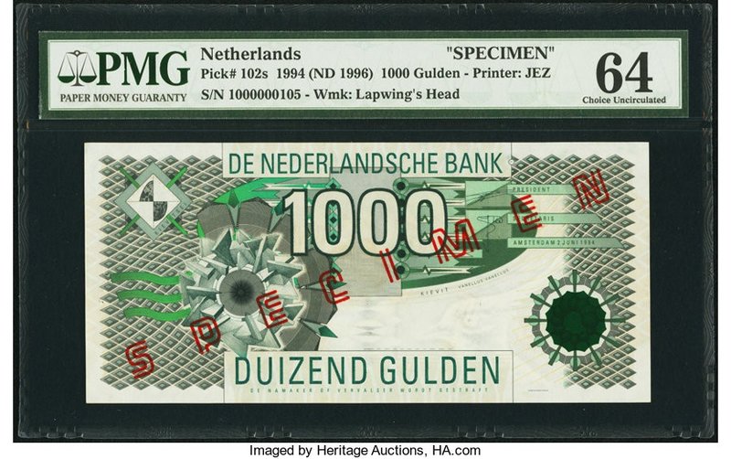 Netherlands Nederlandsche Bank 1000 Gulden 2.6.1994 (ND 1996) Pick 102s Specimen...