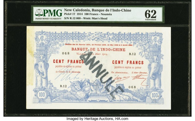 New Caledonia Banque de l'Indochine 100 Francs 10.3.1914 Pick 17 PMG Uncirculate...