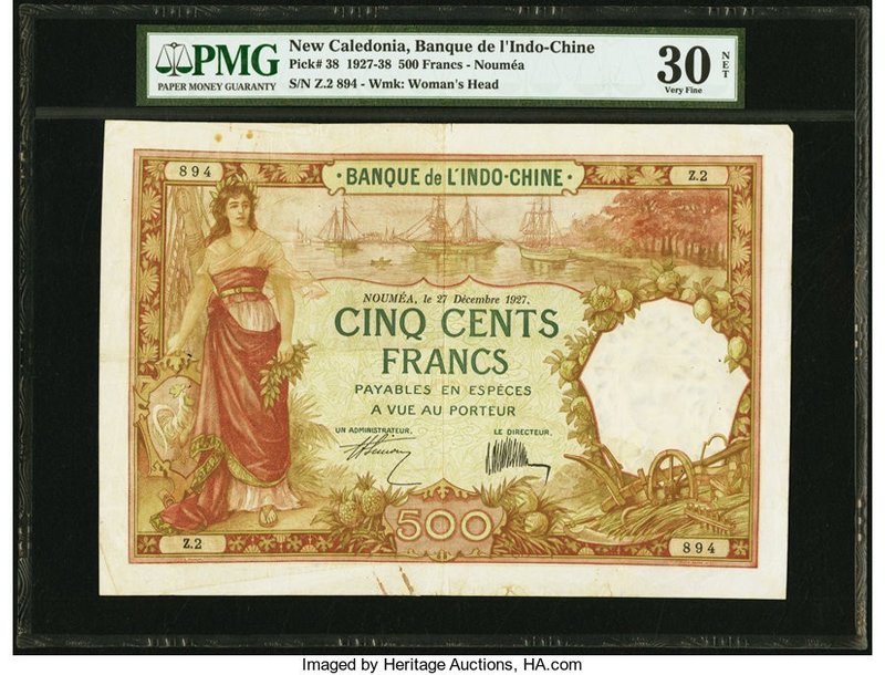 New Caledonia Banque de l'Indochine 500 Francs 27.12.1927 Pick 38 PMG Very Fine ...