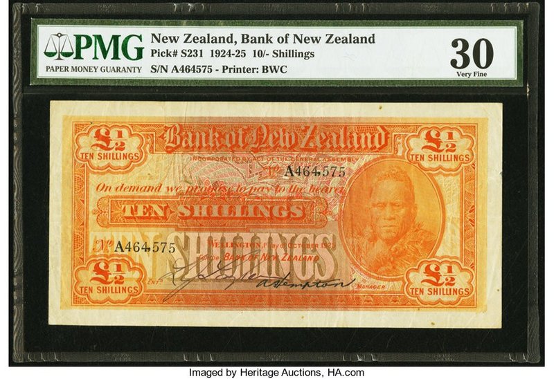 New Zealand Bank of New Zealand 10 Shillings (1/2 Pound) 1.10.1925 Pick S231 PMG...