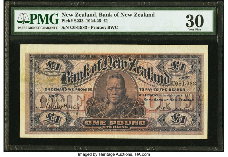 New Zealand Bank of New Zealand 1 Pound 1.10.1925 Pick S233 PMG Very Fine 30. A ...