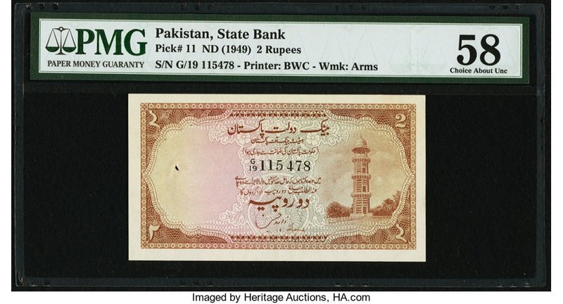 Pakistan State Bank 2 Rupees ND (1949) Pick 11 PMG Choice About Unc 58. A well p...