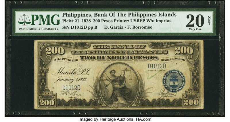 Philippines Bank of the Philippine Islands 200 Pesos 1.1.1928 Pick 21 PMG Very F...